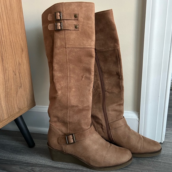 A2 By Aerosoles Shoes A2 By Aerosoles 75 Womens Wide Calf Wedge Boots Tan Beige Comfort Knee